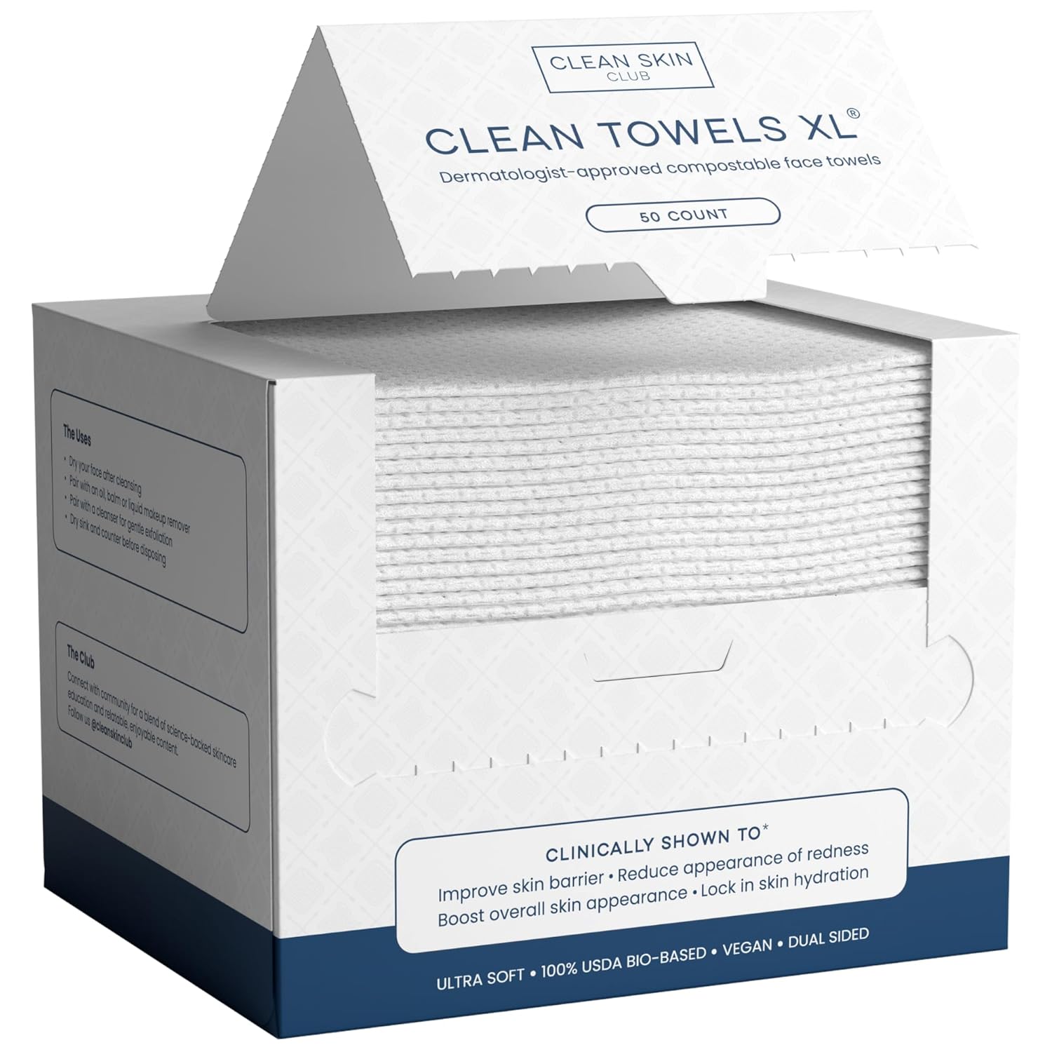 Clean Skin Club Clean Towels XL™, 100% USDA Biobased Face Towel, Disposable Face Towelette, Eczema Association Accepted, Makeup Remover Dry Wipes, Ultra Soft, 50 Ct, 1 Pack 24hrsmart